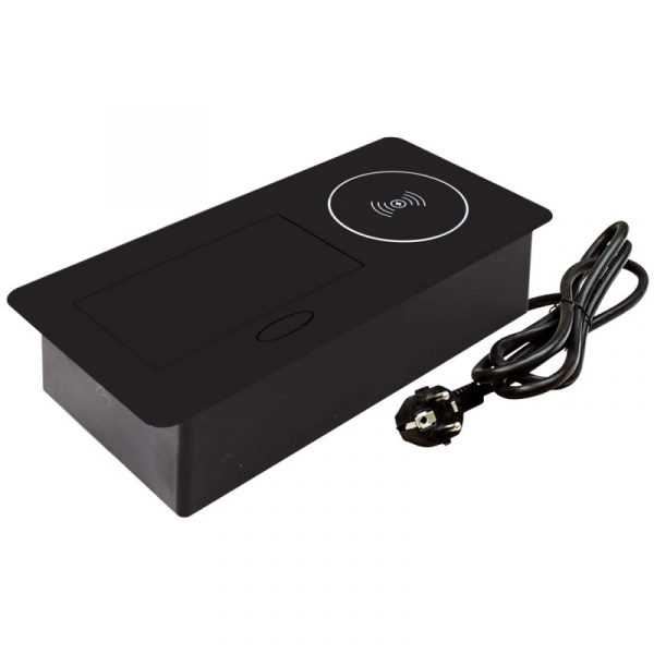 Встраиваемый настольный удлинитель, 1 гнездо, 2*USB, беспроводная зарядка, черный