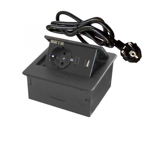 Встраиваемый настольный удлинитель, 1 гнездо, 1 USB, 1 Type-C, с кабелем, черный