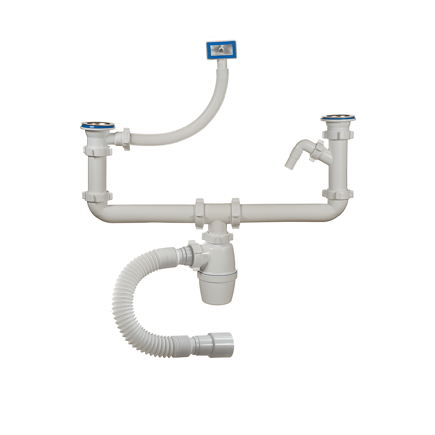 Сифон двойной бутыл. двухуровн. 1 1/2 х 40, с перелив., одним отводом и гибкой труб А-40091