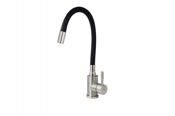 Смеситель VIKO кухня боковой с черным гибким изливом Ø35 с гайкой, (нерж. сталь) корпус: серебро